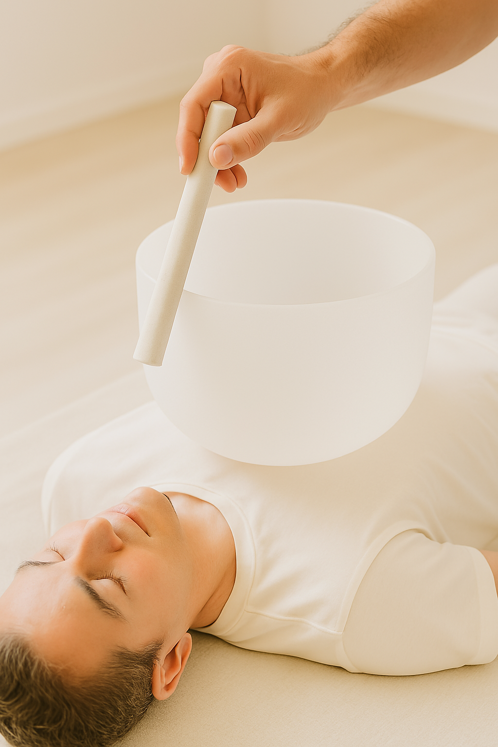 An F-note bowl positioned near the heart chakra during an energy healing session
