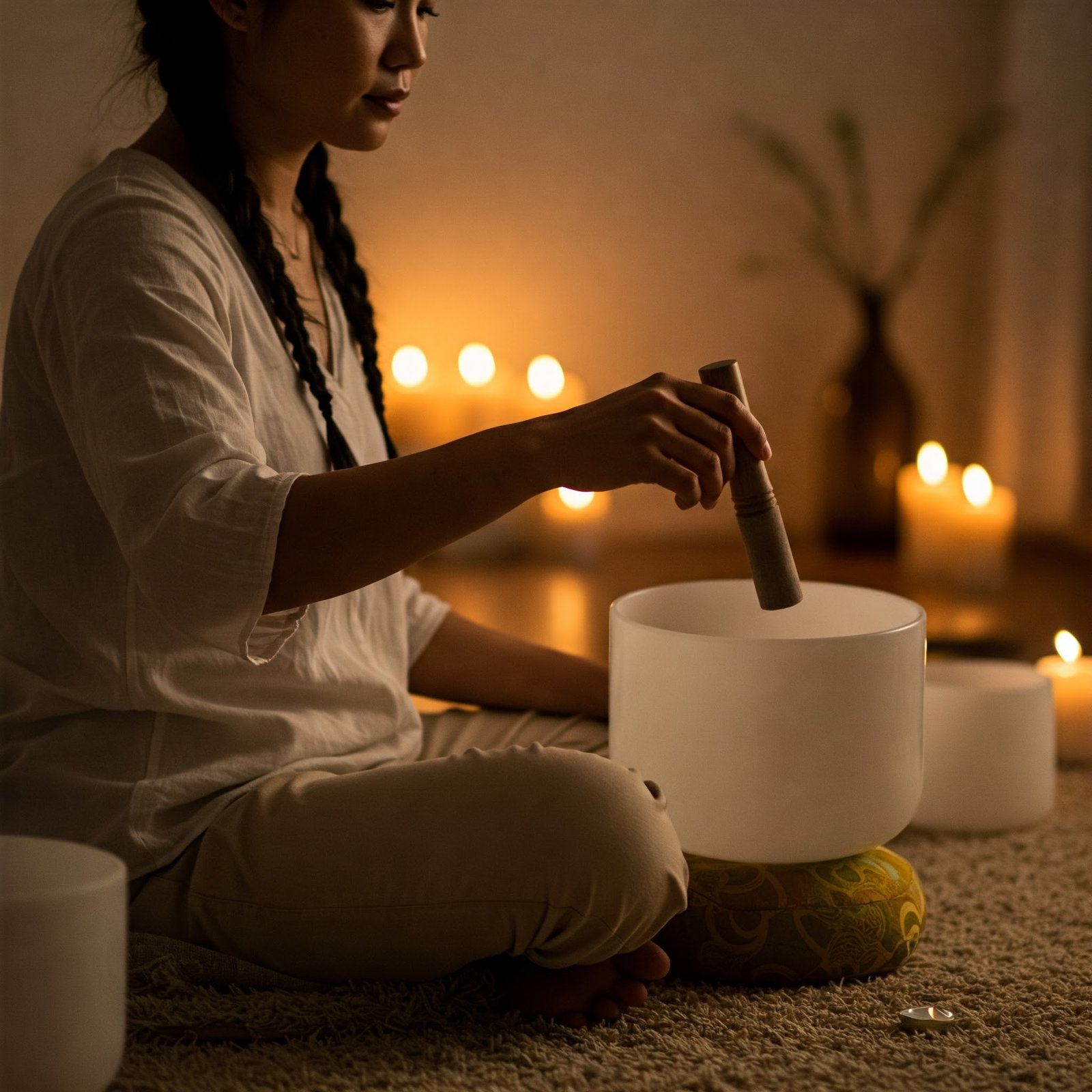 person playing a crystal singing bowl with a mallet in a meditative setting